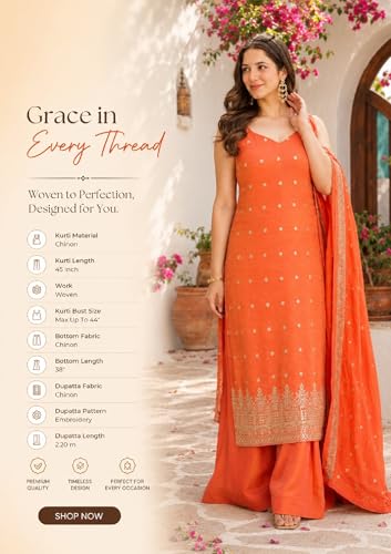 VARNI FABRICS: A lady's First Love Women's Orange Straight Ethnic Chinon Silk Kurta Set With Palazzo And Dupatta, Gold Zari Booti, Sleeveless (IN, Alpha, S, Regular)