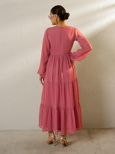 Sassafras Women Pink Round Neck Full Sleeve Maxi Dress-S