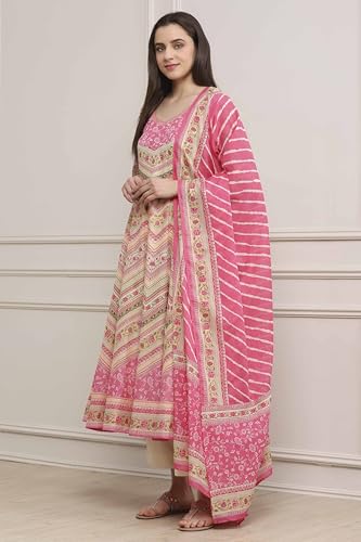 Biba Women Pink Cotton Printed Anarkali Suit Set_42