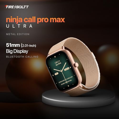 Fire-Boltt Ninja Call Pro Max Ultra Bluetooth Calling Smart Watch, 2.01" HD Display, 120+ Sports Modes, Health Suite, AI Voice Assistance, SpO2 Smartwatch for Men & Women - Gold Link