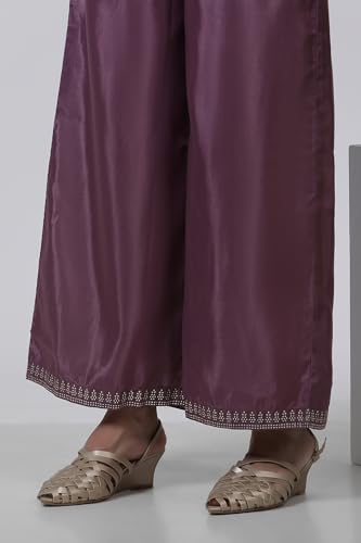 W for Woman Purple Festive Geometric Print Shantung Flared Kurta Set with Parallel Pant_22AUWS18293-119280_XS