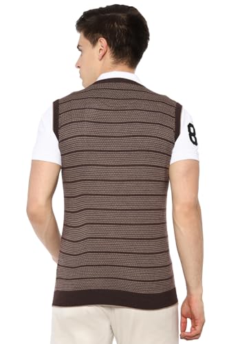 Louis Philippe Men Brown Stripe V Neck Sleeveless Sweater