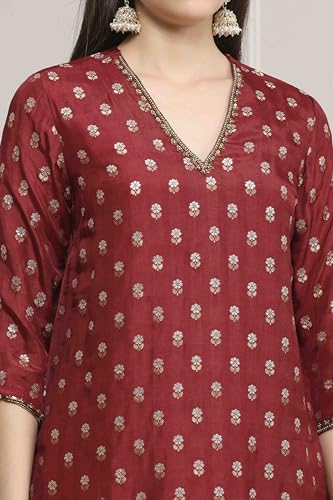 Biba Women Green-Maroon Viscose Gathered Yarndyed Suit Set_42