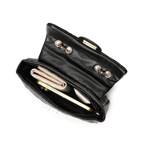 Fastrack Black PU Structured Quilted Sling Bag for Women, Girls and Ladies | Polished Quilted Chic Exterior | Chain Crossbody Handbag | Ladies Purse Handbag