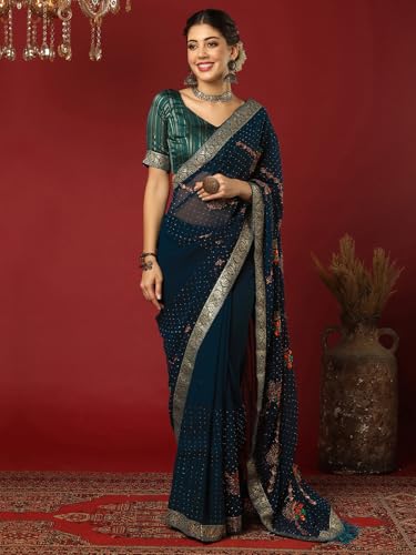 Satrani Women's Georgette Stone Work Embroidery Saree with Unstitched Blouse Piece (4396S3137N_Rama Blue)