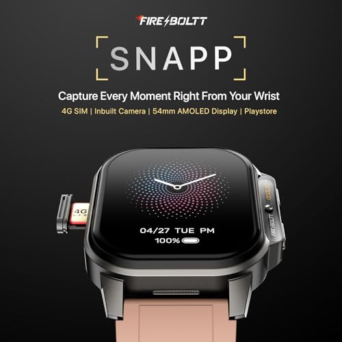 Fire-Boltt Snapp Smart Watch, Selfie Camera, 4G Nano-SIM Slot, 54.1mm AMOLED Display, Play Store- Unlimited apps, 1000mAh Battery, 2GB/4GB RAM + 16GB/64GB ROM (Cherry Blush)