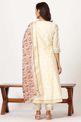 W for Woman Off-White Dori Embroidered Flared Kurta, Pants and Jacquard Dupatta (Size: XL)-24AUSP11773-400717