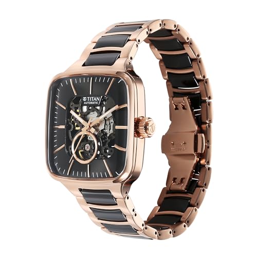 Titan Ceramic Fusion Skeleton Automatic Rich Black Dial Steel & Ceramic Strap Watch for Men_90175KD03