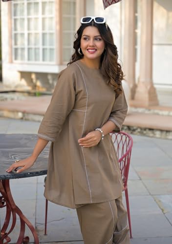 ARAVALII Women's Peacock Blue Co-ord Set – Pure Cotton Slub, Round Neck, 3/4 Sleeves, Short Length Top, Styled Pants, Casual Wear (Taupe Brown, L)