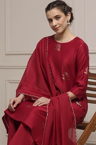 Biba Women Red Chanderi Relaxed Dyed Kurta Pants Set_32