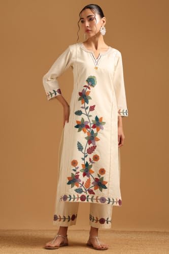 Soch Womens Off White Cotton Botanical Salwar Suit With Thread Work