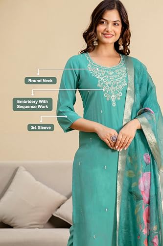 TRENDMALLS Women's Roman Silk Embroidery Kurta Pant with Dupatta Set (G372-Turquoise-3XL-)