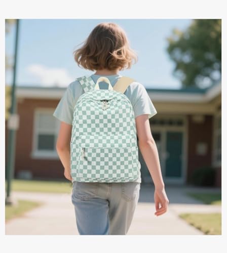 Satic Cute Mint Green Checkered Backpack for Girls and women | Stylish Casual Laptop, School, College & Travel Bag