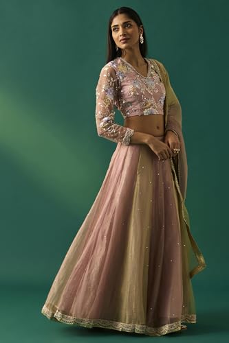 Wishful Women's Pink Floral Embroidered Blouse with Skirt and Dupatta Set - (SP11500-401087-S)