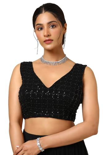 Soch Womens Black Georgette Padded Blouse with Beads and Stones