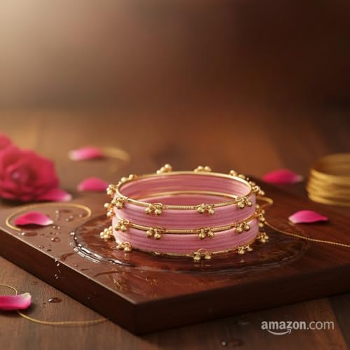 KAYASHA Woman's BABY PINK Designer Silk Thread Bangles Set with Ghungroo|Traditional Ethnic Bangles Set for Women|Wedding, Festival & Party bangles|Set of 16 (12 Thread Bangles + 4 Ghungroo Bangles)