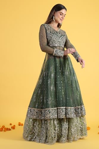Wishful Women's Green Metallic Embroidery Mesh Flared Kurta & Skirt with Dupatta Set (Size: 3XL)-24AUSP11985-125144