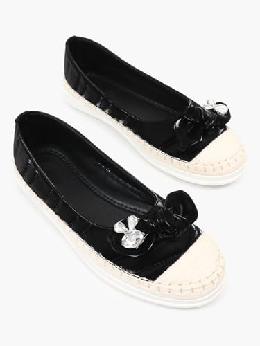 KLAUR MELBOURNE Women’s Quilted Espadrille Slip-Ons – Casual Ballet Flat Sneakers with Crystal Bow Accent and Woven Toe Cap Black