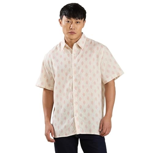 MARK & ALBERT Men's Linen Regular Fit Half Sleeves Casual Printed Stylish Shirt Pink