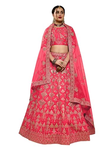 Zeel Clothing Women's Thread Sequins Embroidery Silk Bridal New Semi-stitched Lehenga Choli Set With Dupatta(7055-Peach-Wedding-Bridal-Stylish-Latest; Free Size)