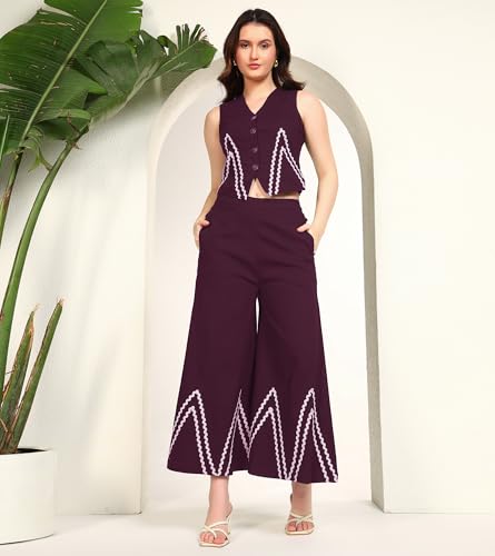 DEEBACO Women's Solid Lycra Ankle Length Waist Coat with Palazzo|V-Neck|Cord Set for Women Fashion|Long Jumpsuits Western Dress for Women Stylish|Two Piece Co ord Set|Casual Wear(DBCO00002278_L_Wine)
