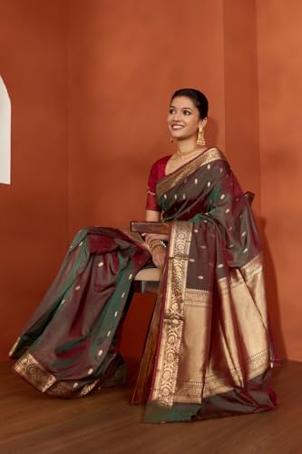 Taneira Women Dark Green Silk Viscose Cutwork Banarasi Saree with Unstitched Blouse Piece (SAPH03AA9879-Dark Green)