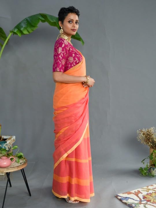 Orange Pink Mul Cotton Striped Saree