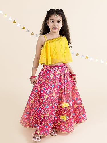 Pspeaches Girls Polyester Coral Yellow Ready To Wear Readymade Lehenga Choli (Orange-5-6Y), 5-6 Years