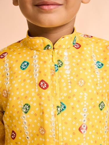Manyavar Boys Viscose Blend Bandhani Print & Mirror work Kurta Pyjama Set (Yellow,5-6Y)