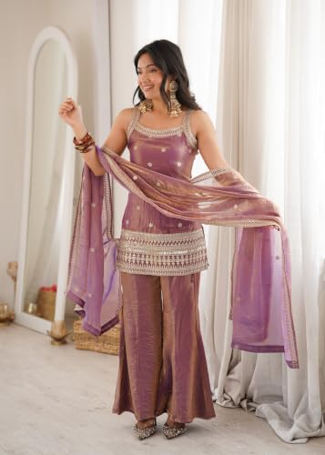 Leeli Peeri Designer Women's Fendy Silk Embroiderd Kurti Bell Bottom Pant And Dupatta Set.