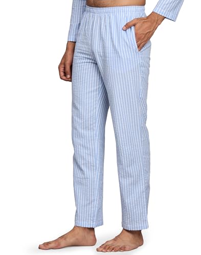 B STORIES Men's 100% Cotton Full Sleeve PJ Set - Blue Stripes Checkered Nightwear Set MWWPJ-001-24031 | Soft Loungewear | Comfortable Sleepwear | Stylish Casual Home Wear Shirt & Pant (2XL)