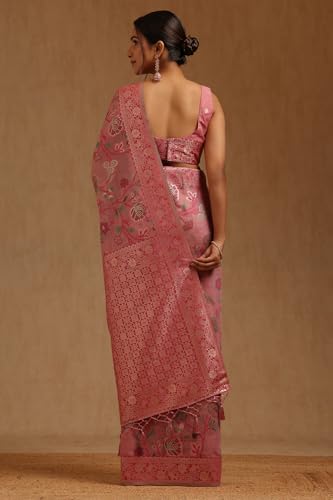 Soch Womens Blush Pink Chanderi Floral Zari Woven Saree