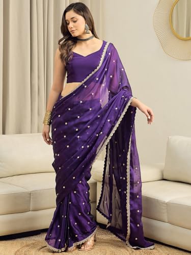 AKHILAM Women's Purple Pure Georgette Embroidered Ready To Wear one Minute Saree With Unstitched Blouse Piece (RTWRADHA1601_RX)