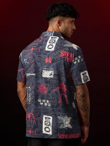 The Souled Store Stranger Things: The Other Side Men and Boys Short Sleeve Cuban Collar Dark Blue Graphic Printed ViscoseTrendy Regular Fit Casual Holiday Shirts