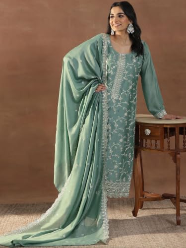 Women's Sea Green Silk Blend Straight Kurta Set With Dupatta And Pant