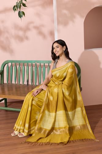 Taneira Women Light Yellow Pure Silk Cotton Shibori Saree with Unstitched Blouse Piece (SAPP01AA3718-Light Yellow)