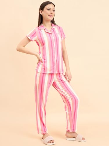 Sweet Dreams Women's Cotton Blend Striped Pajama Set Pack of 2 (2111AXCO Pink S)
