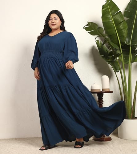 DEEBACO Women's Plus Size Solid Rayon Tiered Maxi Dress|3/4 Sleeve|V-Neck|Casual Trending Stylish Long One Piece Dresses Women Western(DBDRP00002316_4XL_Teal Blue)