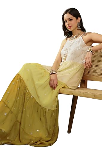 LYMI LABEL Gown for Women - Georgette Sequins Floral Embroidered Frilled Flared A-Line Ethnic Kurta Dress