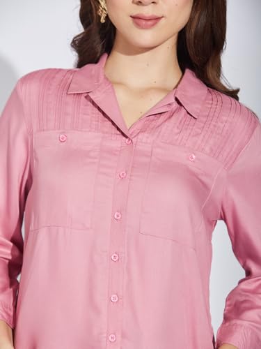 Latin Quarters Women Pink 3/4 Sleeve Spread Collar Solid Shirt_L