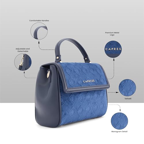 Caprese Katherine Medium Monogram Velvet Sling Bag for Women | Elegant Multi-Compartment Crossbody & Shoulder Bag with Adjustable Strap | Perfect for Party & Travel (Midnight Blue)
