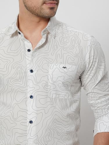MUFTI Men Casual Shirt | Slim Fit Full Sleeve Point Collar Abstract Contour Line Print | 100% Cotton, Breathable Fabric for Everyday Wear & Smart Casual Outings| Bright White 6XL