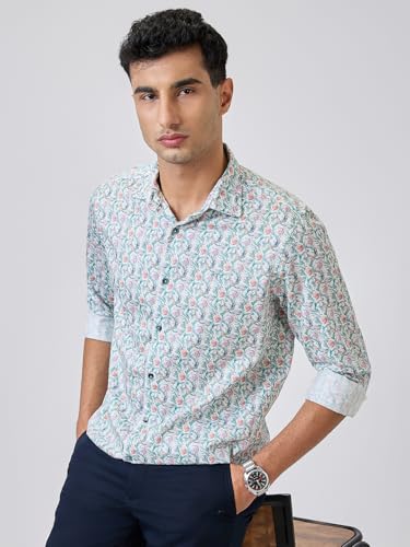 Colorplus Men Regular Fit Print Pattern Pure Cotton Plain Collar Full Sleeve Casual Shirt (Size: 2XL)-CJSS00739-B4 Blue