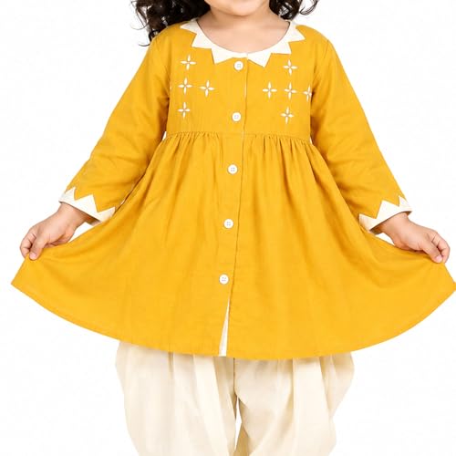 LITTLE GINNIE Kurta Set for Kids Girls 0-3 Months, Cotton, Ethnic Wear For Baby Girl - Mustard
