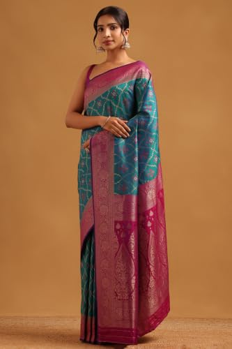 Soch Womens Teal Silk Blend Ethnic Motifs Zari Woven Saree