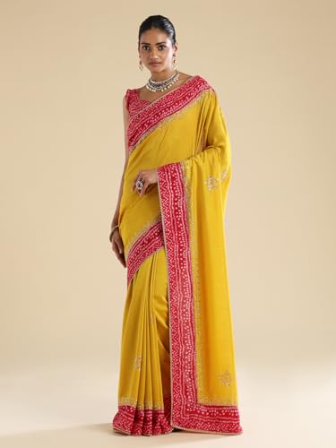 AKHILAM Women's Yellow Vichitra Silk Embroidered Embellished Saree With Unstitched Blouse Piece (ANIKA3801_AG)