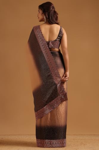 Soch Womens Brown Fendy Organza Ombre Stone Embellished Saree