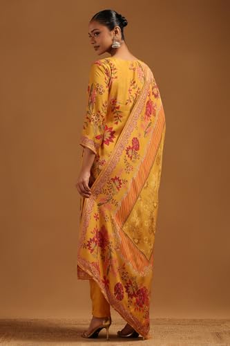 Soch Womens Mustard Muslin Floral Suit Set With Bead Details