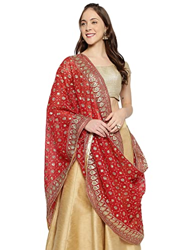 DUPATTA BAZAAR Women's Red Heavily Embroidered Net Dupatta