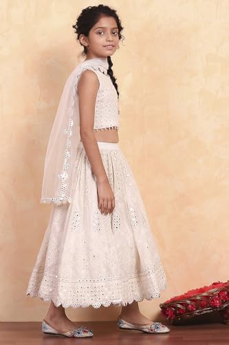 Biba Girls White Viscose Embroidered Kalidar Lehenga Set_6-7Y